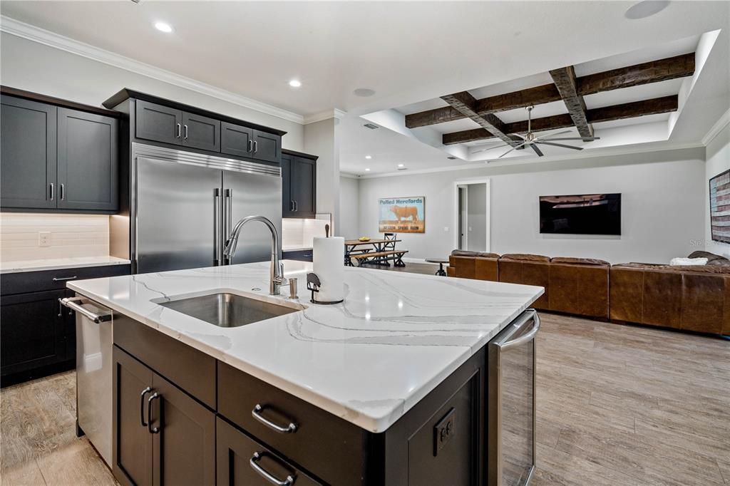 Interior, Kitchen, Recessed Lighting, Stainless Steel Appliances, Wooden Beams, Wood Texture Flooring
