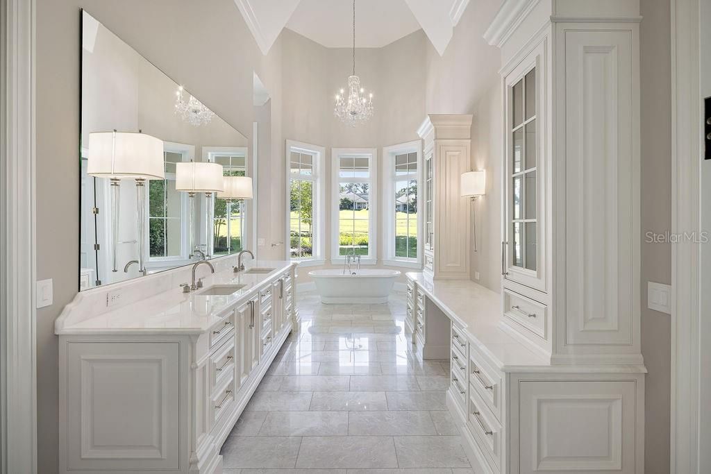 Bathroom, Chandelier, Dual Sink Vanities, Free Standing Baths, Interior, Pendant Lights
