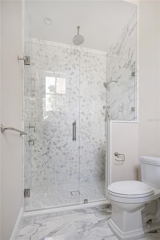 Bathroom, Glass Shower, Interior, Marble, Marble Walls, Recessed Lighting