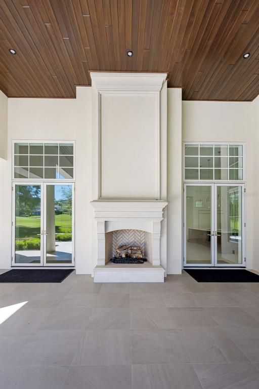 Empty room, Fireplace, Interior, Recessed Lighting, Wooden Ceilings
