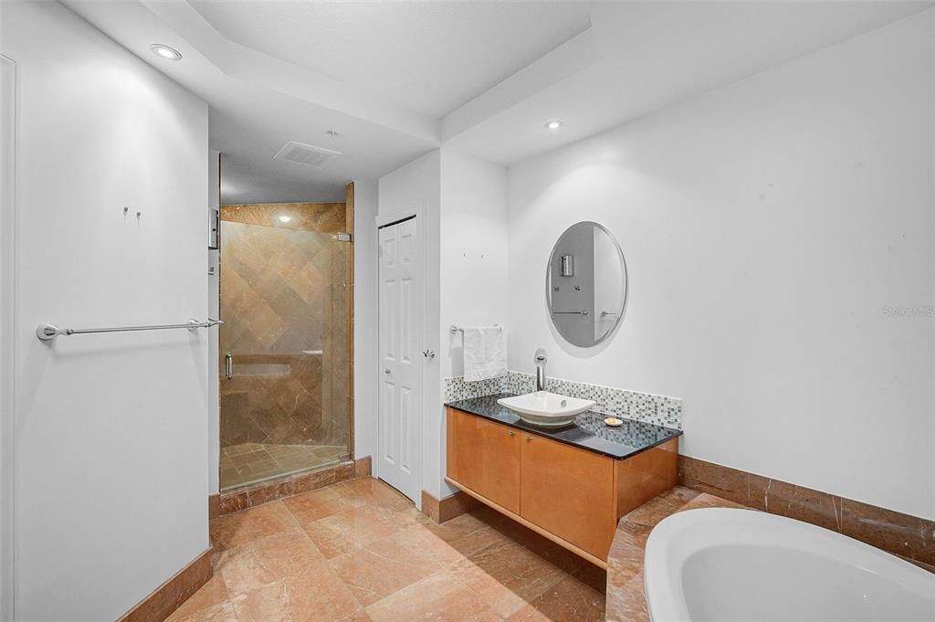Bathroom, Dual Sink Vanities, Glass Shower, Interior, Recessed Lighting