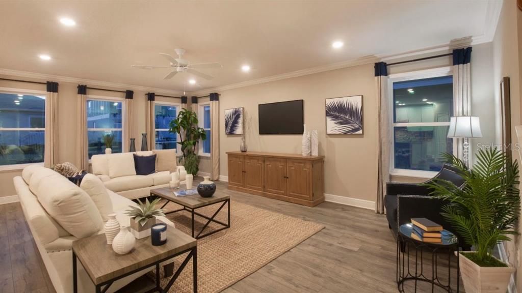 Interior, Living room, Recessed Lighting, Wood Texture Flooring