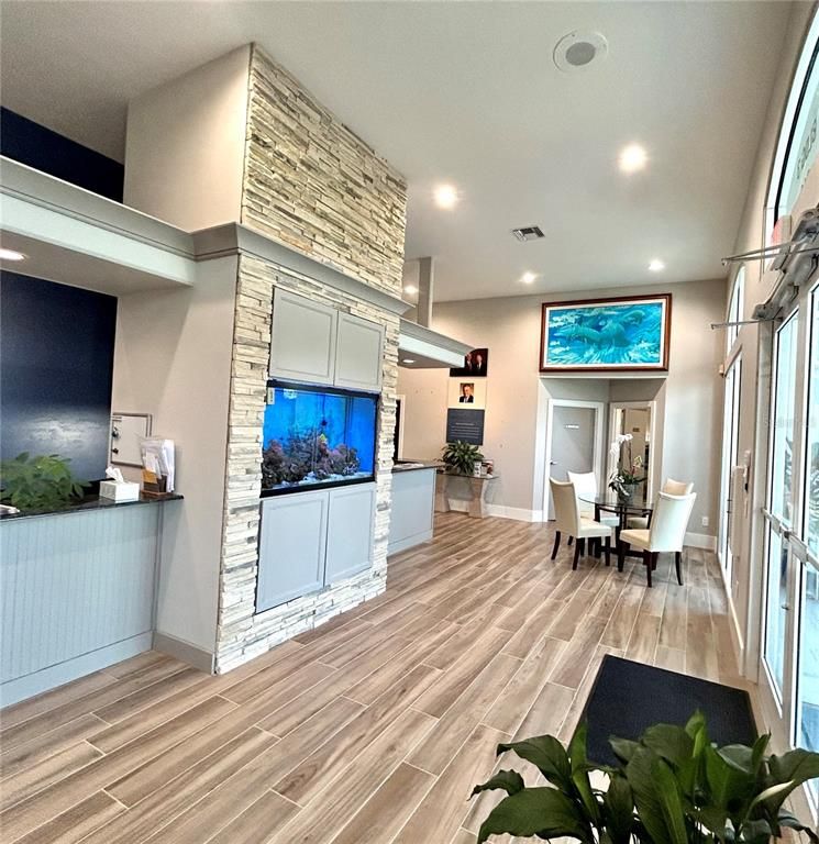 Dining room, Interior, Recessed Lighting, Stone Walls, Wood Texture Flooring