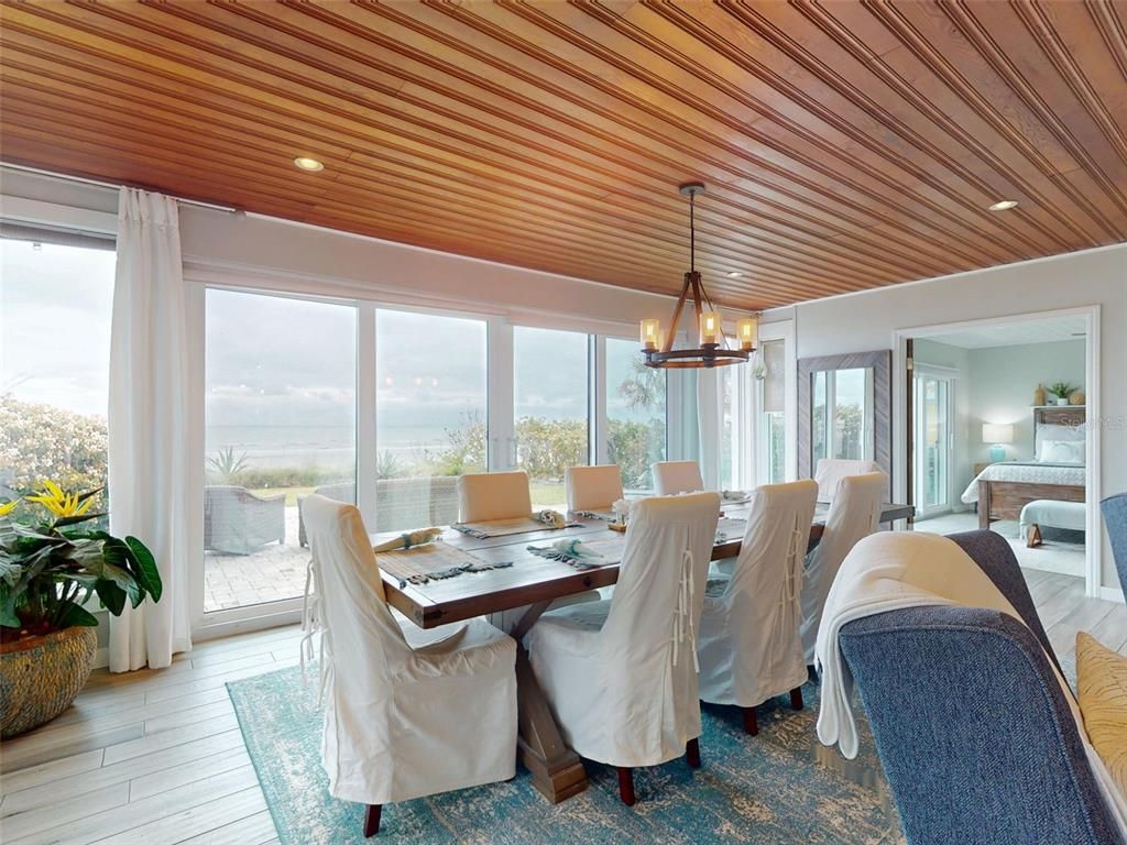 Bedroom, Dining room, Interior, Pendant Lights, Recessed Lighting, Water, Wooden Ceilings, Wood Texture Flooring