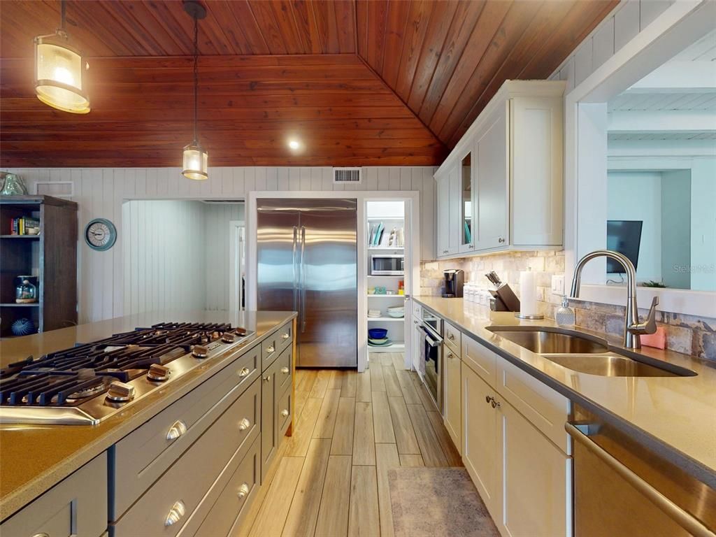 Interior, Kitchen, Pendant Lights, Recessed Lighting, Stainless Steel Appliances, Wooden Ceilings, Wood Texture Flooring