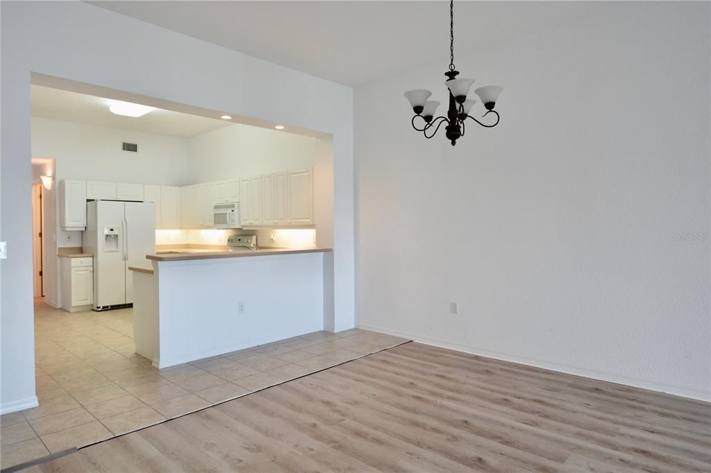 Chandelier, Interior, Kitchen, Recessed Lighting, Wood Texture Flooring