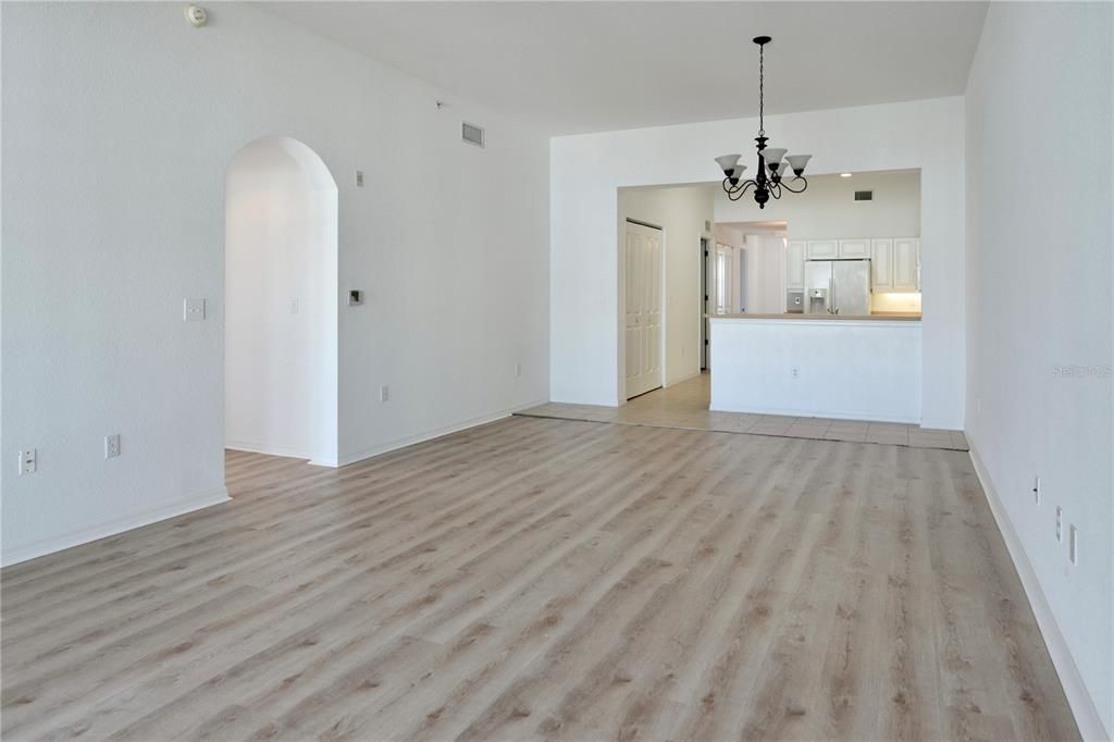 Chandelier, Empty room, Interior, Kitchen, Pendant Lights, Wood Texture Flooring
