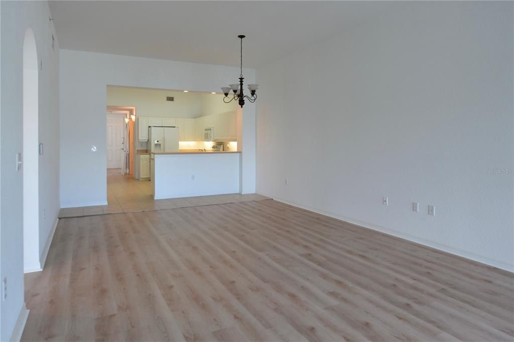 Empty room, Interior, Kitchen, Pendant Lights, Wood Texture Flooring