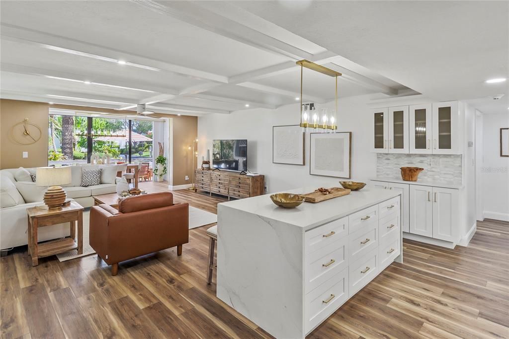 Interior, Kitchen, Living room, Pendant Lights, Recessed Lighting, Wood Texture Flooring