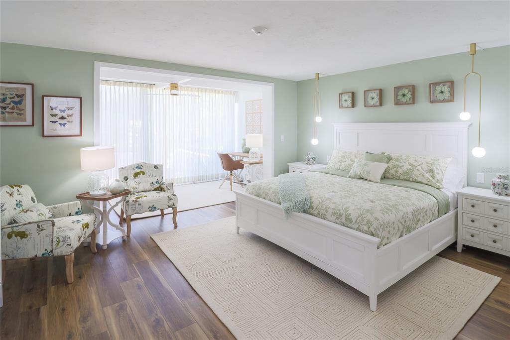 Bedroom, Interior, Pendant Lights, Wood Texture Flooring