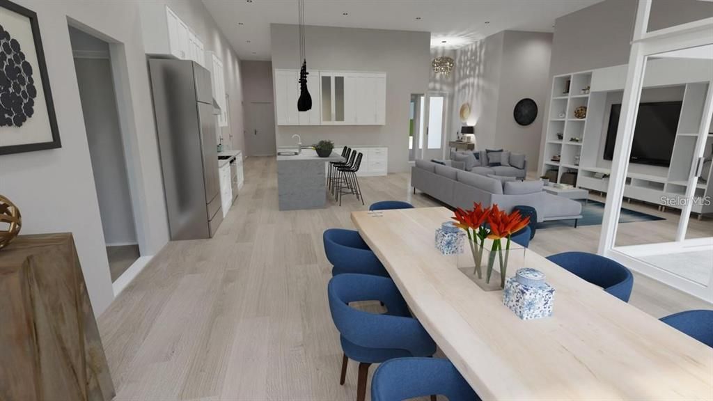 Dining room, Interior, Kitchen, Living room, Pendant Lights, Recessed Lighting, Wood Texture Flooring