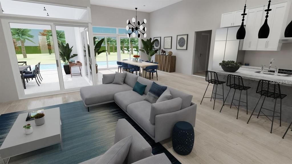 Dining room, Interior, Kitchen, Living room, Pendant Lights, Wood Texture Flooring