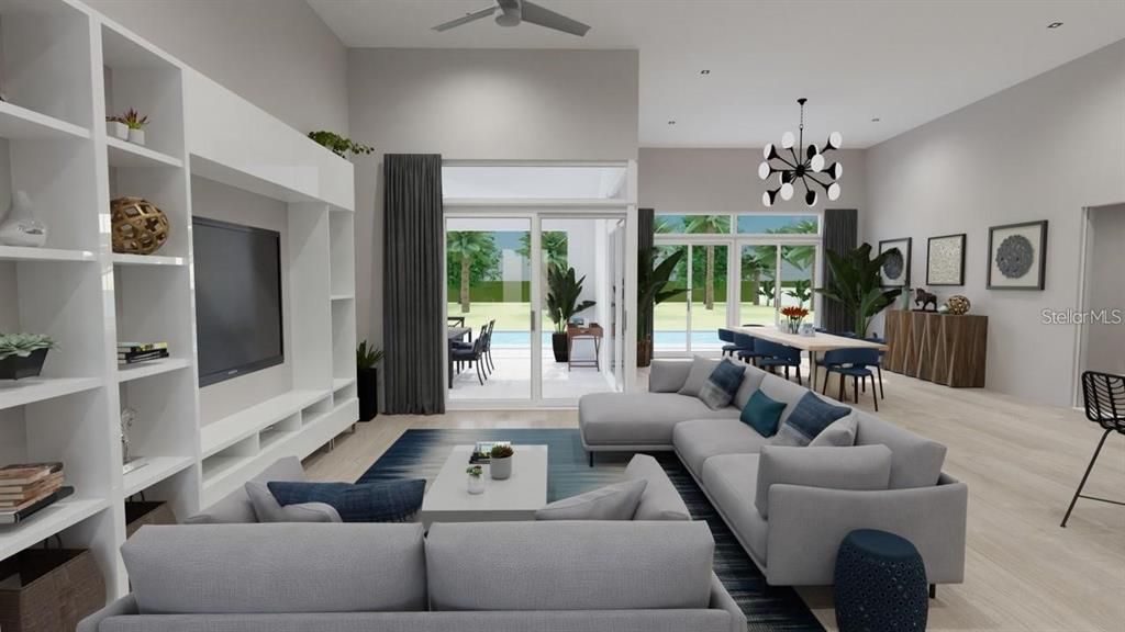 Dining room, Interior, Living room, Pendant Lights, Recessed Lighting, Wood Texture Flooring