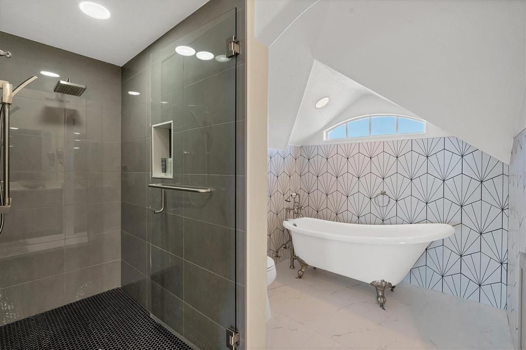 Bathroom, Free Standing Baths, Glass Shower, Interior, Marble, Recessed Lighting