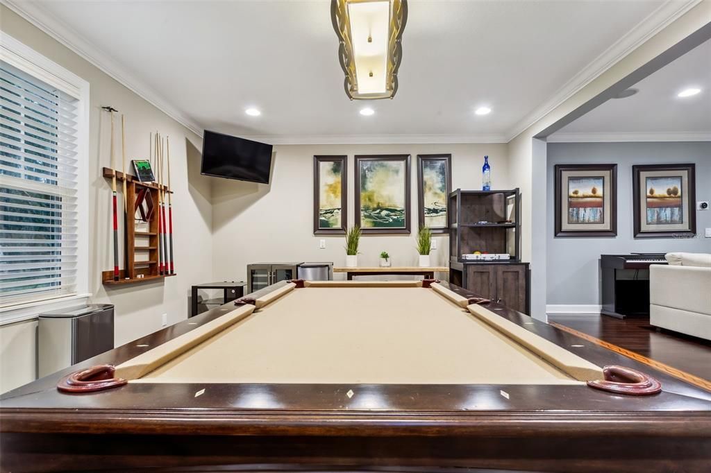 Billiard Table, Game Room, Interior, Recessed Lighting, Wood Texture Flooring