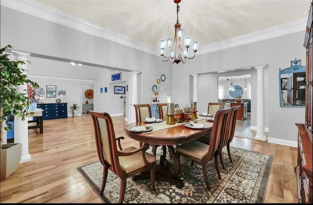 Chandelier, Dining room, Interior, Wood Texture Flooring