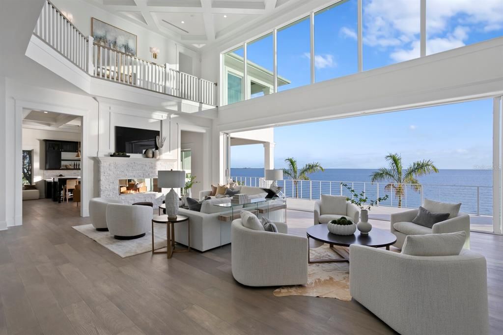 Fireplace, Interior, Living room, Recessed Lighting, Water, Wood Texture Flooring
