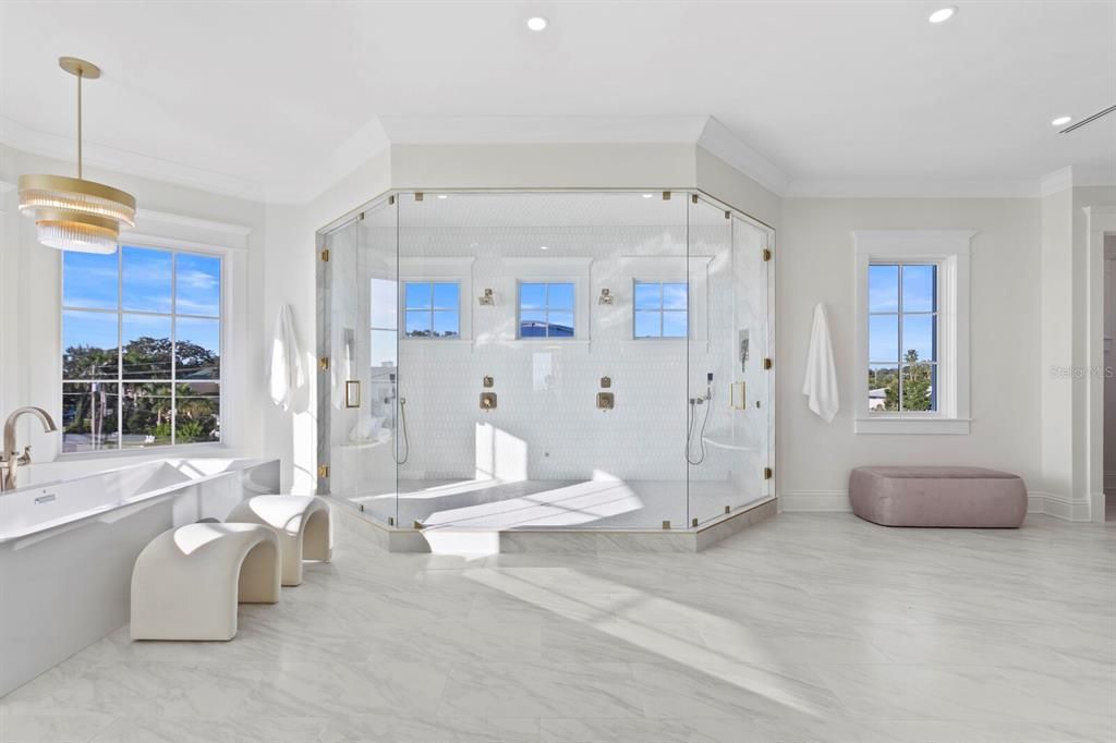 Bathroom, Glass Shower, Interior, Marble, Pendant Lights, Recessed Lighting