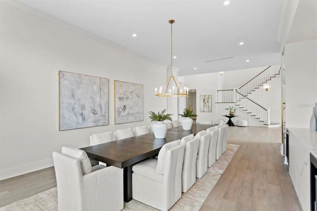Dining room, Interior, Pendant Lights, Recessed Lighting, Wood Texture Flooring