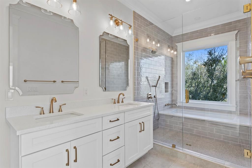 Bathroom, Dual Sink Vanities, Glass Shower, Interior, Recessed Lighting