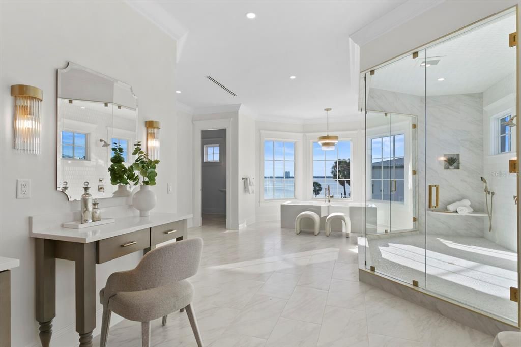 Bathroom, Glass Shower, Interior, Marble, Marble Walls, Pendant Lights, Recessed Lighting, Water