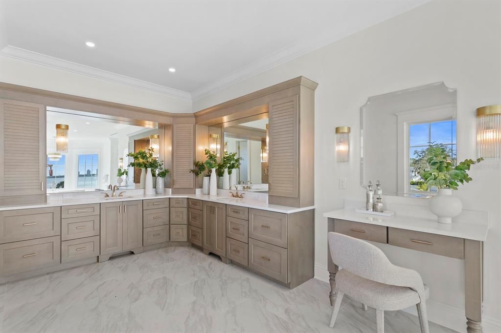 Bathroom, Dual Sink Vanities, Interior, Marble, Recessed Lighting