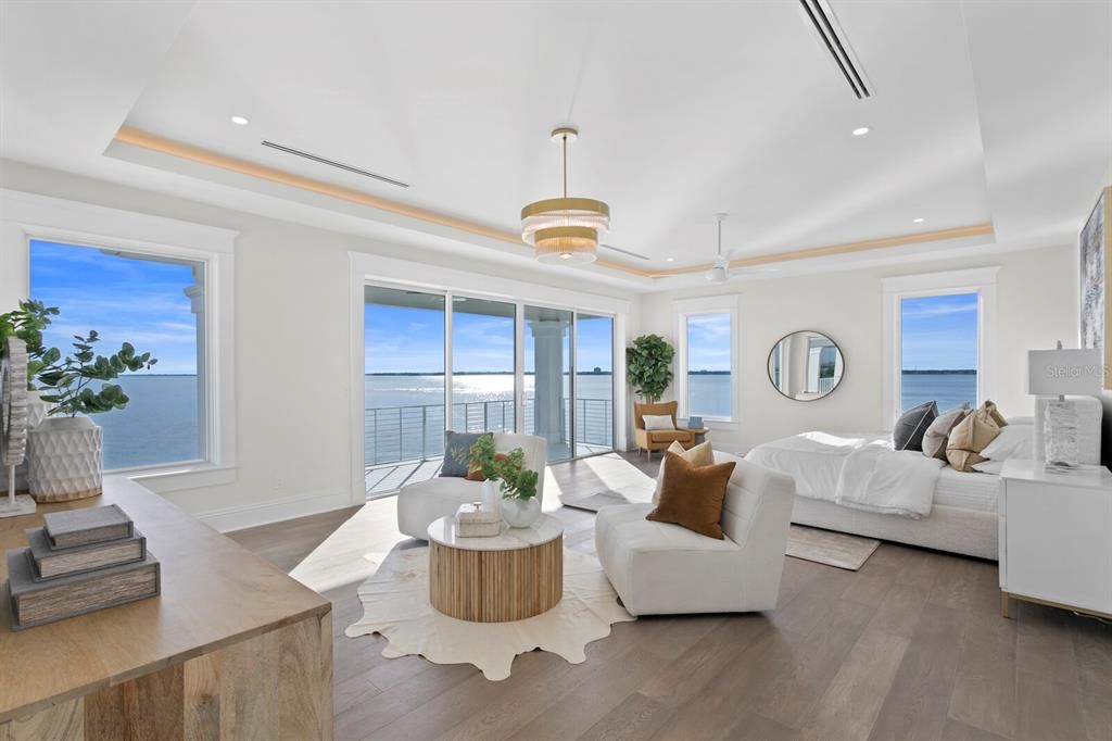 Bedroom, Interior, Living room, Recessed Lighting, Water, Wood Texture Flooring