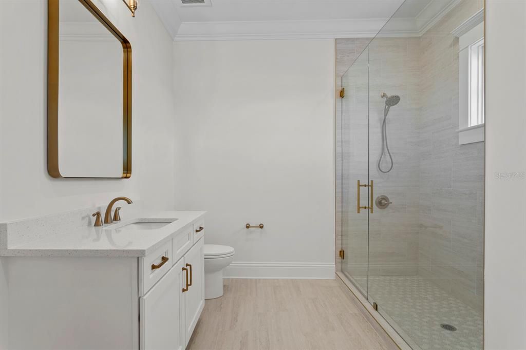 Bathroom, Glass Shower, Interior, Wood Texture Flooring