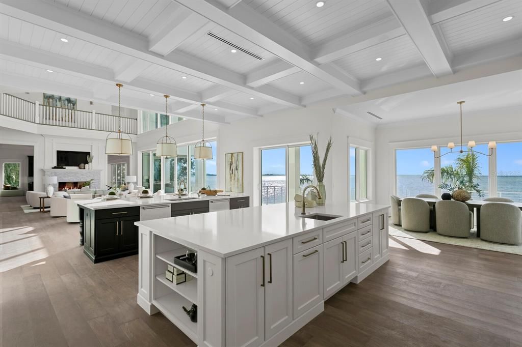 Fireplace, Interior, Kitchen, Living room, Pendant Lights, Recessed Lighting, Water, Wood Texture Flooring