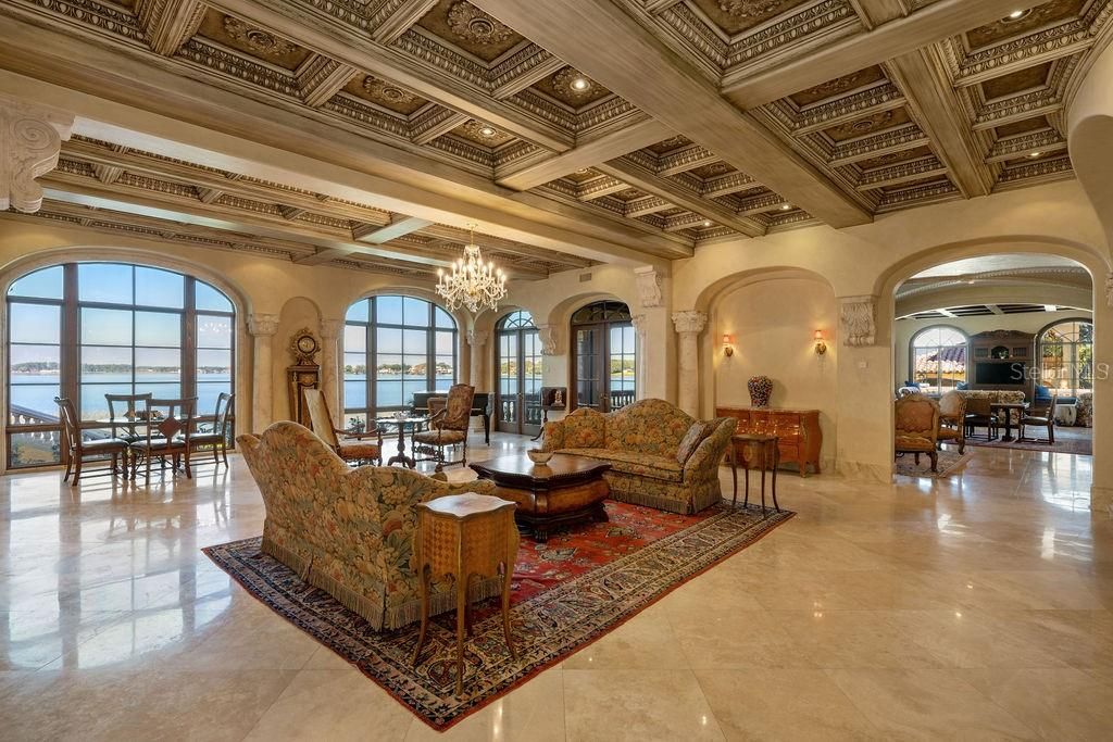 Chandelier, Dining room, Interior, Living room, Recessed Lighting, Wooden Beams