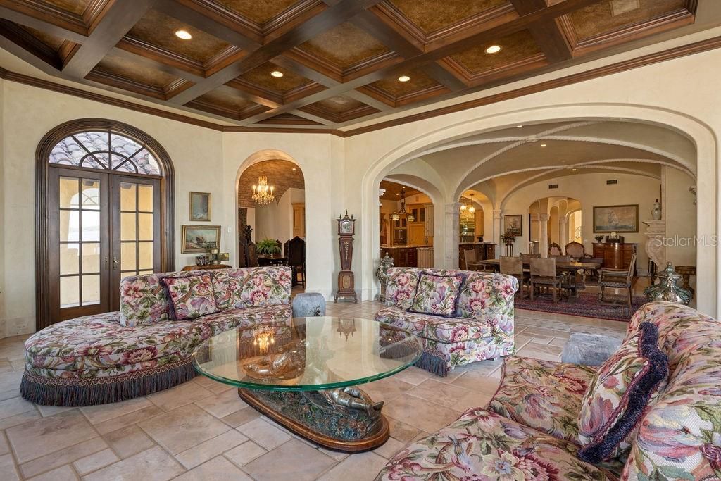Chandelier, Dining room, Interior, Living room, Recessed Lighting, Wooden Beams