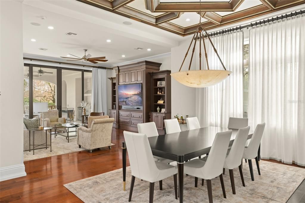 Dining room, Interior, Living room, Pendant Lights, Recessed Lighting, Wood Texture Flooring