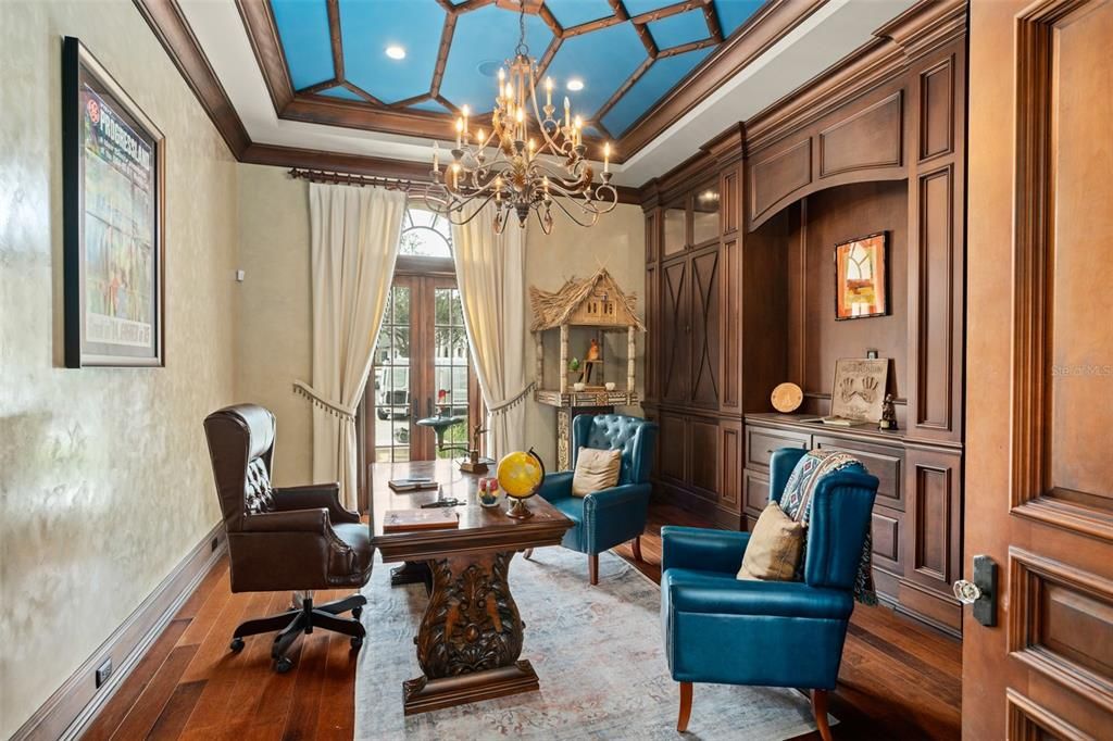 Chandelier, Home Office, Interior, Recessed Lighting, Wood Texture Flooring
