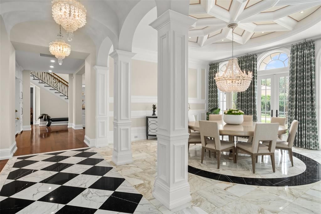 Chandelier, Dining room, Interior, Marble, Recessed Lighting