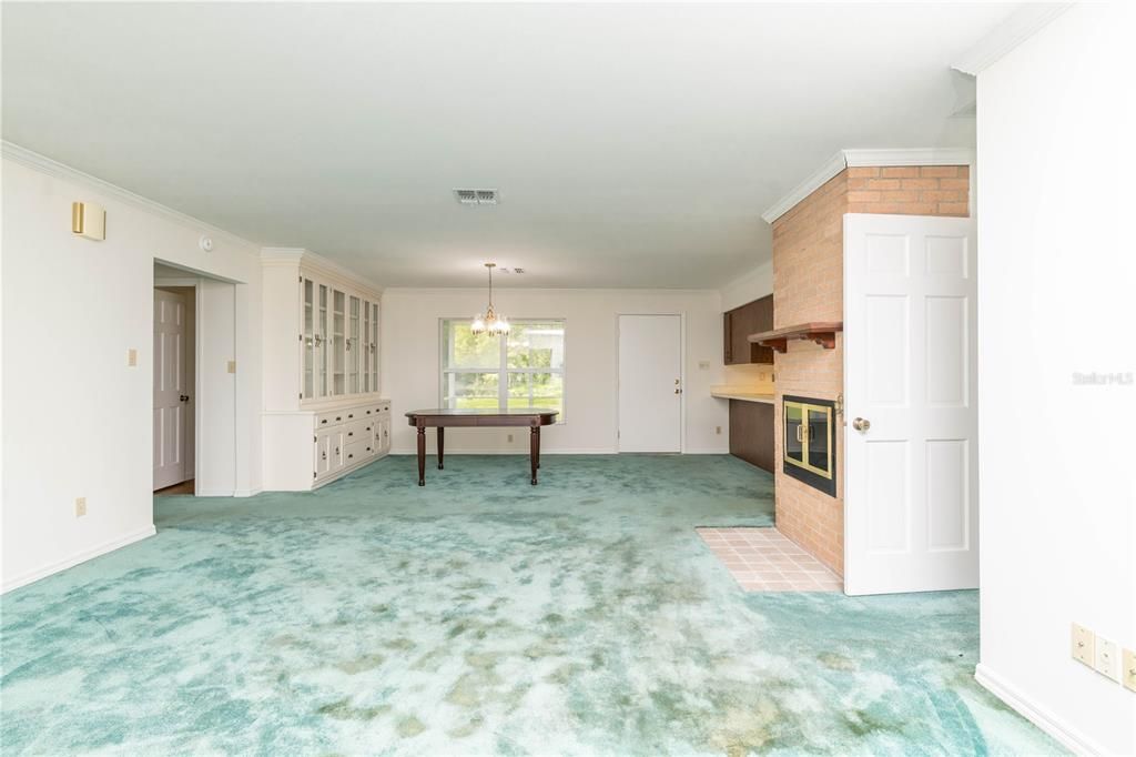 Chandelier, Empty room, Fireplace, Game Room, Interior, Pendant Lights