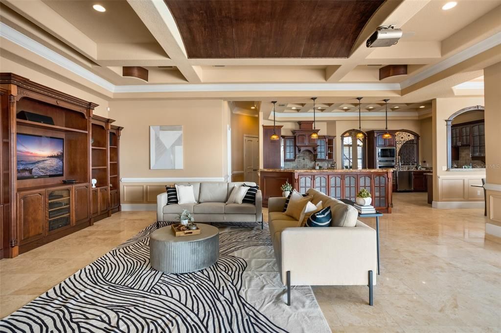 Interior, Kitchen, Living room, Pendant Lights, Recessed Lighting, Wooden Ceilings