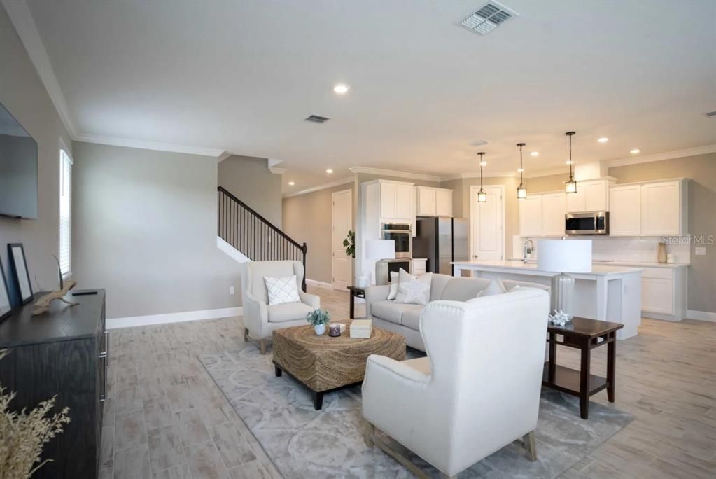 Interior, Kitchen, Living room, Pendant Lights, Recessed Lighting, Stainless Steel Appliances, Wood Texture Flooring