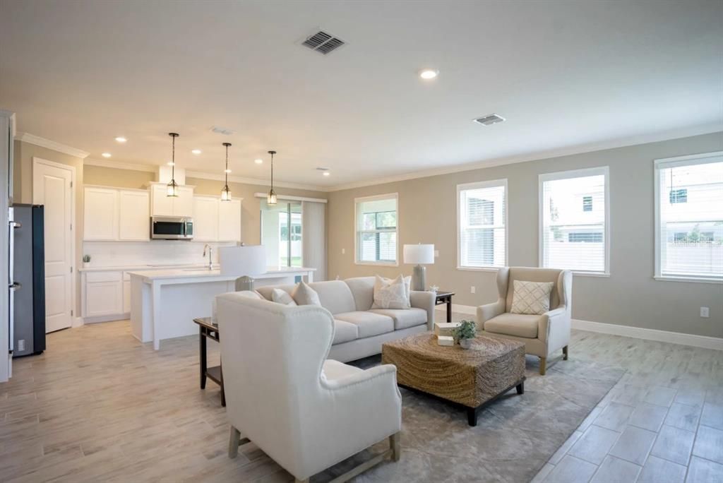 Interior, Kitchen, Living room, Pendant Lights, Recessed Lighting, Stainless Steel Appliances, Wood Texture Flooring
