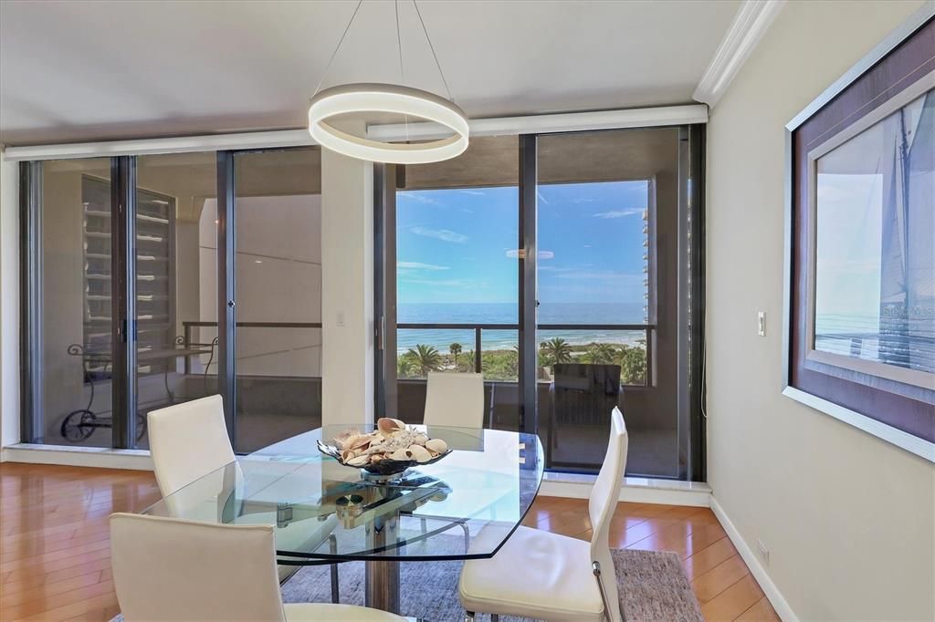 Dining room, Interior, Pendant Lights, Water, Wood Texture Flooring