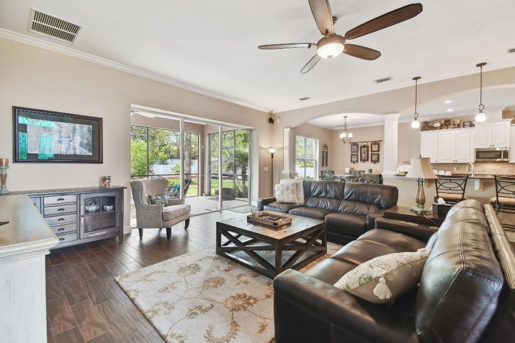Chandelier, Dining room, Interior, Kitchen, Living room, Pendant Lights, Wood Texture Flooring