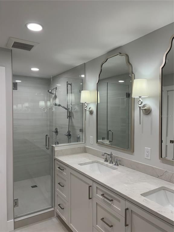 Bathroom, Dual Sink Vanities, Glass Shower, Interior, Recessed Lighting