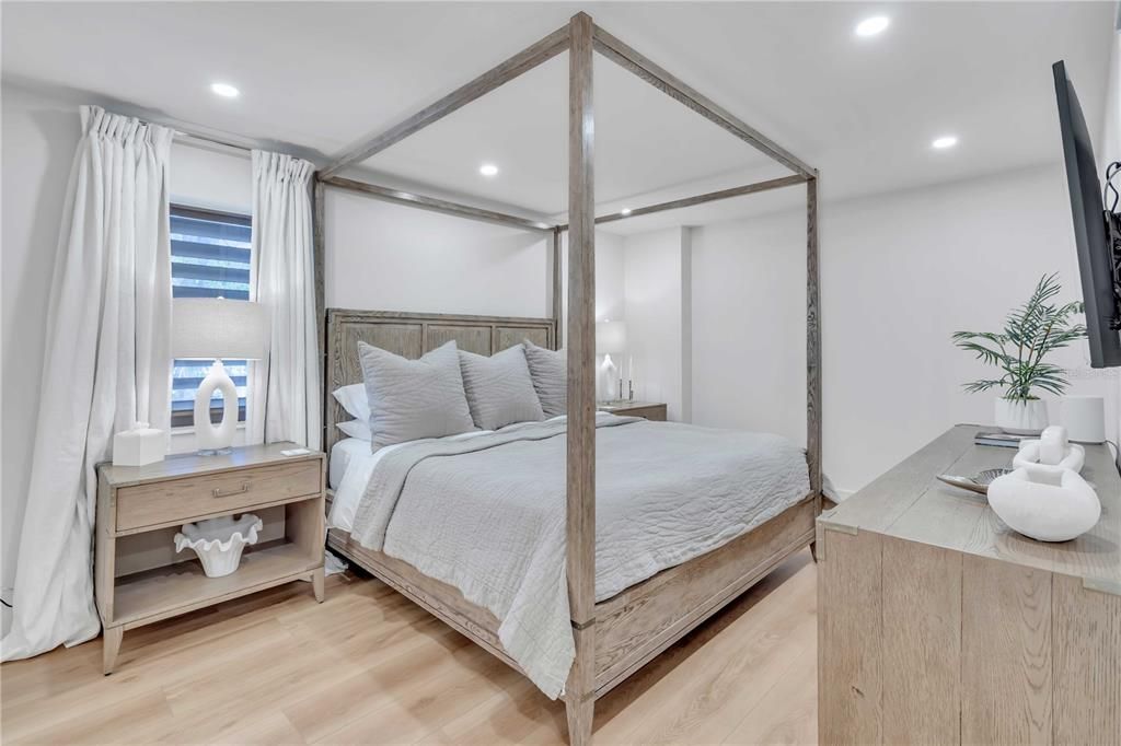 Bedroom, Interior, Recessed Lighting, Wood Texture Flooring