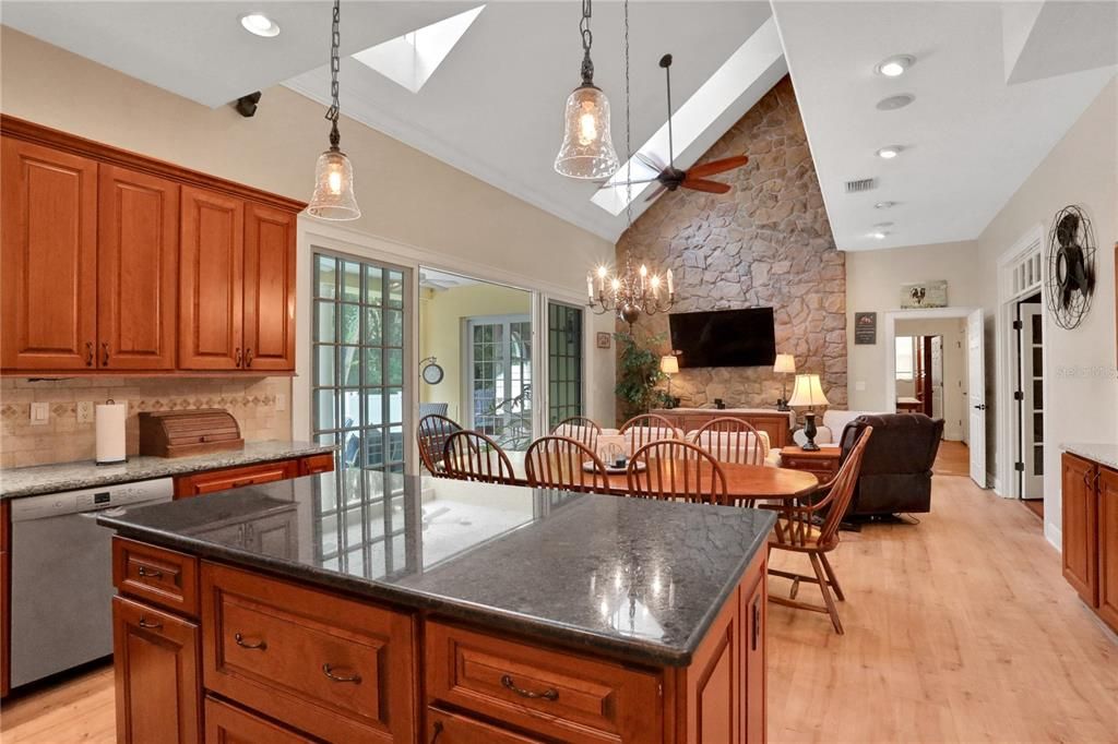 Dining room, Interior, Kitchen, Pendant Lights, Recessed Lighting, Stone Walls, Wood Texture Flooring