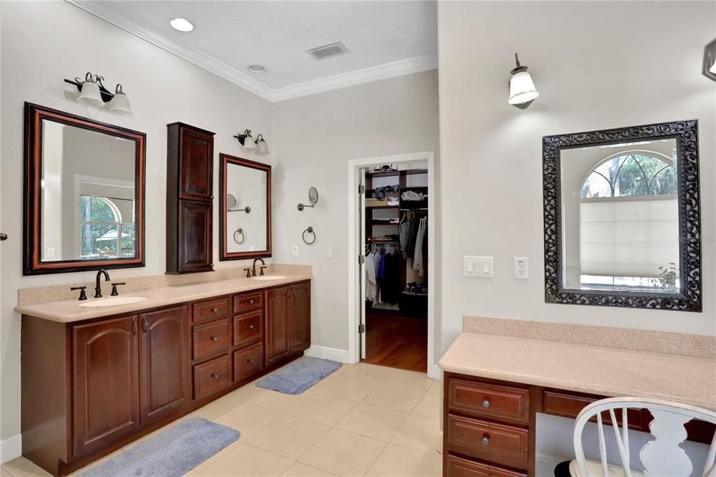 Bathroom, Dual Sink Vanities, Interior, Recessed Lighting, Walk-in Closets, Wood Texture Flooring