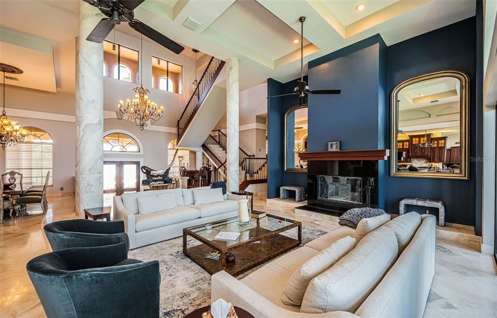 Chandelier, Dining room, Fireplace, Interior, Living room, Recessed Lighting