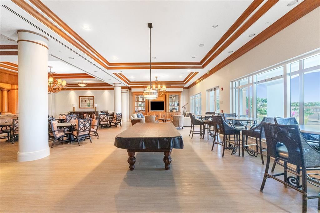 Billiard Table, Chandelier, Dining room, Game Room, Interior, Recessed Lighting, Wood Texture Flooring
