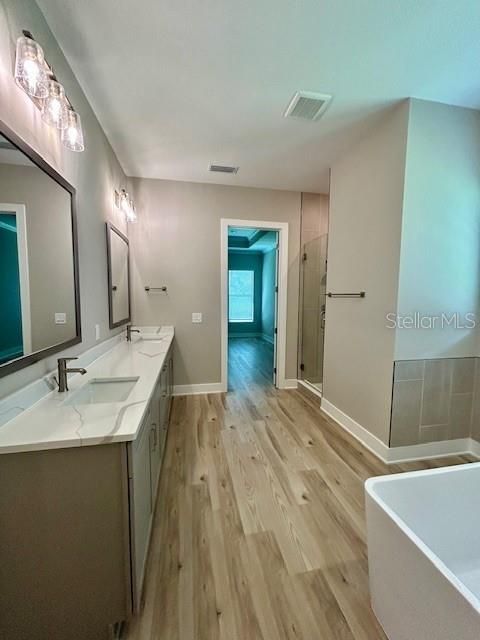 Bathroom, Dual Sink Vanities, Free Standing Baths, Interior, Wood Texture Flooring