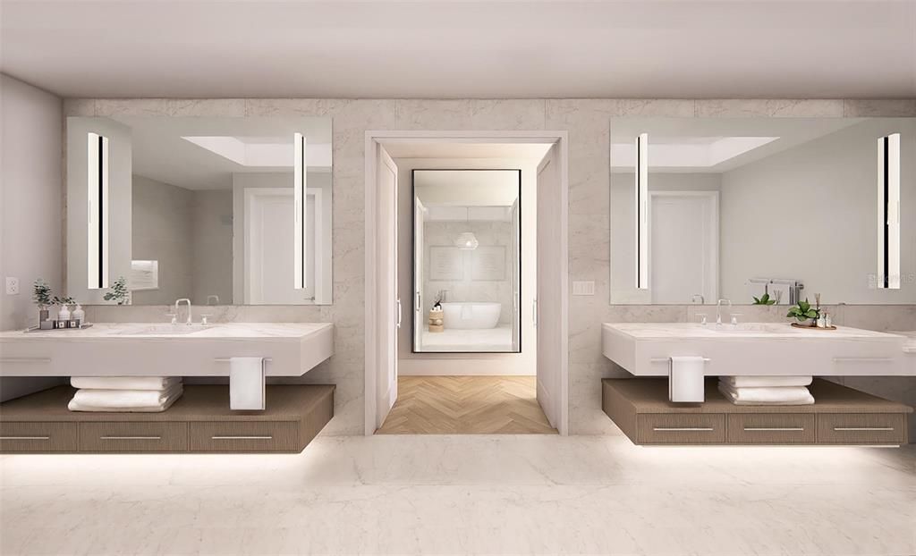 Bathroom, Dual Sink Vanities, Interior, Marble, Wood Texture Flooring