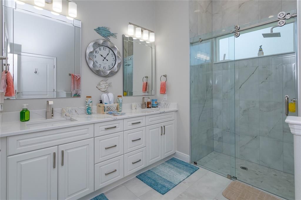 Bathroom, Dual Sink Vanities, Glass Shower, Interior, Marble Walls