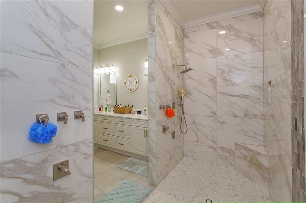Bathroom, Glass Shower, Interior, Marble Walls, Recessed Lighting